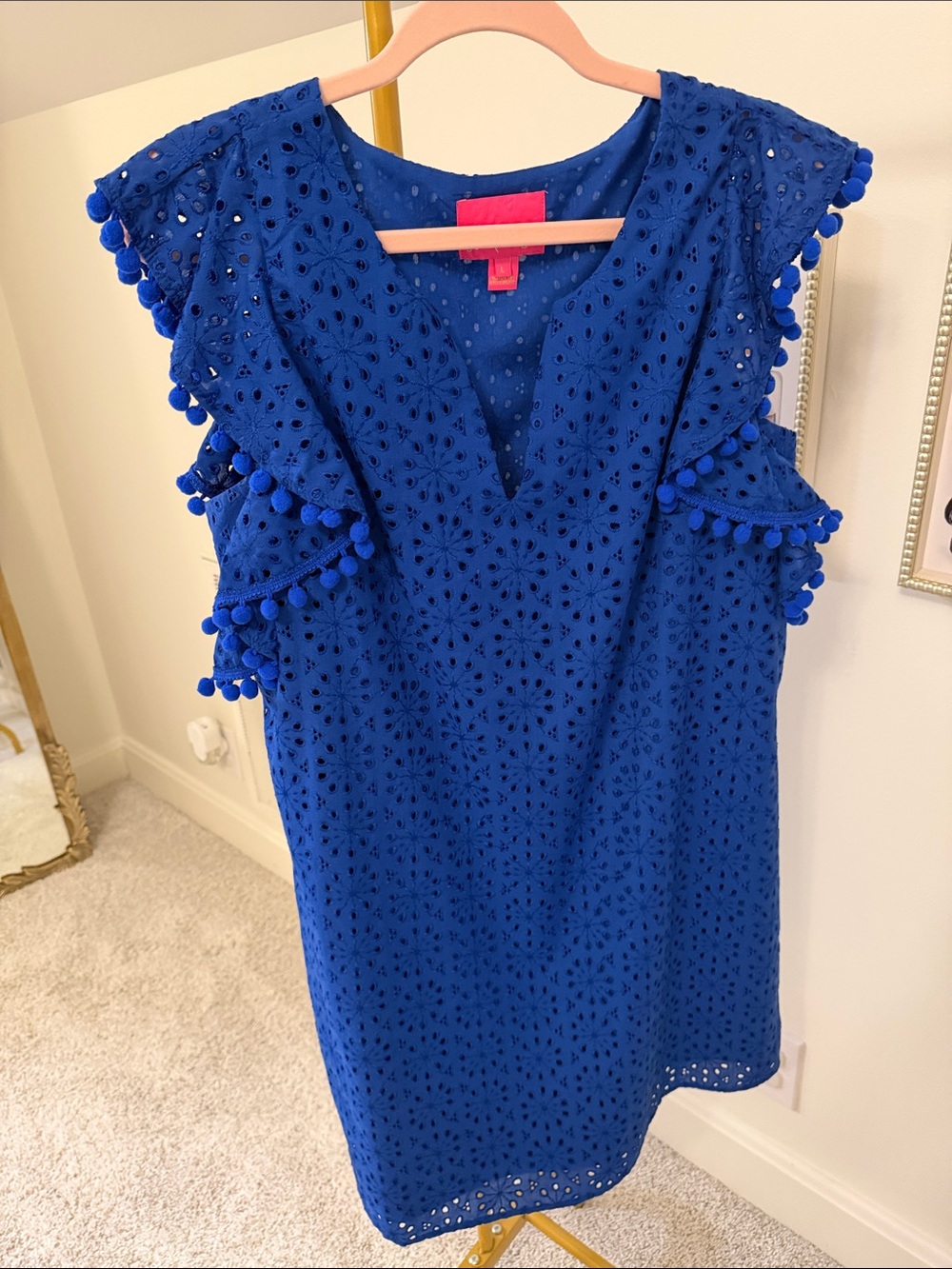 Lilly Pulitzer Royal Blue Eyelet Pom-Pom Shift Dress